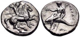 CALABRIA. Tarentum. Circa 315-302 BC. Nomos (Silver, 21.5 mm, 7.61 g, 5 h), struck under the magistrates Sa... and So... ΣA Warrior on horseback gallo...