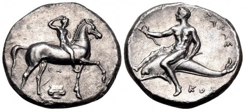 CALABRIA. Tarentum. Circa 302 BC. Didrachm or nomos (Silver, 21.5 mm, 7.80 g, 6 ...