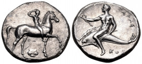 CALABRIA. Tarentum. Circa 302 BC. Didrachm or nomos (Silver, 21.5 mm, 7.80 g, 6 h), struck under the magistrates, Sa... and Kon.... Youthful nude jock...