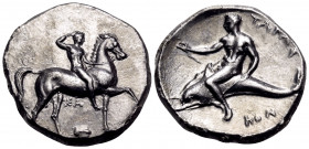 CALABRIA. Tarentum. Circa 302 BC. Nomos (Silver, 21 mm, 7.70 g, 9 h), struck under the magistrates Sa... and Kon... ΣΑ Youthful nude jockey riding hor...