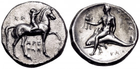 CALABRIA. Tarentum. Circa 302-280 BC. Nomos (Silver, 21 mm, 7.80 g, 3 h), struck under the magistrates Sa.., Arethon and Sas... ΣA / ΑΡΕ/ΘΩΝ Nude yout...