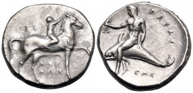 CALABRIA. Tarentum. Circa 302-280 BC. Nomos (Silver, 20 mm, 7.91 g, 4 h), struck under the magistrates Sa.., Arethon and Sas... ΑΡΕ/ΘΩΝ / ΣA Nude yout...