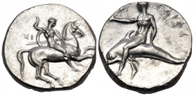 CALABRIA. Tarentum. Circa 302-280 BC. Nomos (Silver, 20 mm, 7.85 g, 2 h), struck under the magistrates, Si... and Deinokrates. ΣΙ / ΔΕΙΝΟΚΡΑΤΗΣ Nude r...