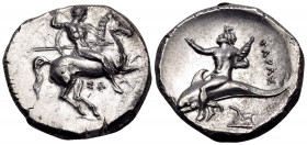 CALABRIA. Tarentum. Circa 290-281 BC. Nomos (Silver, 21 mm, 7.81 g, 5 h), struck under the magistrate Sa... Warrior, holding shield and two spears in ...