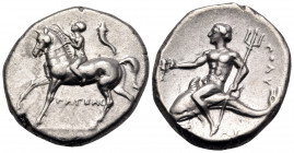 CALABRIA. Tarentum. Circa 280-272 BC. Nomos (Silver, 21 mm, 6.51 g, 3 h), struck under the magistrates Hageas and Poly... Horseman advancing to left, ...