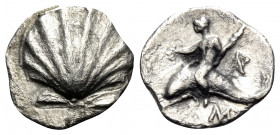 CALABRIA. Tarentum. Circa 280-228 BC. Litra (Silver, 10 mm, 0.52 g, 2 h). Scallop shell. Rev. Phalanthos, nude, holding amphora and distaff, riding do...