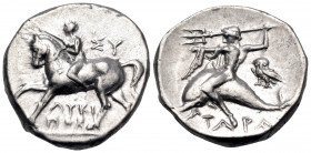 CALABRIA. Tarentum. Circa 272-240 BC. Nomos (Silver, 20 mm, 6.37 g, 9 h), struck under the magistrates Lykinos and Sy... Horseman advancing to left, c...