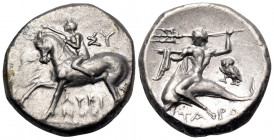 CALABRIA. Tarentum. Circa 272-240 BC. Nomos (Silver, 19 mm, 6.49 g, 5 h), struck under the magistrates Lykinos and Sy... Horseman advancing to left, c...