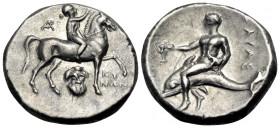 CALABRIA. Tarentum. Circa 272-240 BC. Nomos (Silver, 21 mm, 6.49 g, 9 h), struck under the magistrate Kynon. Nude youth riding horse walking to right,...