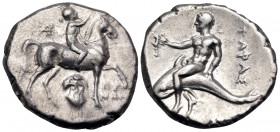 CALABRIA. Tarentum. Circa 272-240 BC. Nomos (Silver, 21 mm, 6.72 g, 3 h), struck under the magistrate Kynon. Nude youth riding horse walking to right,...