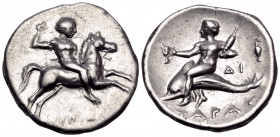CALABRIA. Tarentum. Circa 272-240 BC. Nomos (Silver, 21 mm, 6.36 g, 9 h), struck under the magistrates Hippodan... and Di... ΙΠΠΟΔΑΝ Warrior, wearing ...