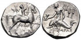 CALABRIA. Tarentum. Circa 240-228 BC. Nomos (Silver, 19 mm, 6.29 g, 9 h), struck under the magistrates Philokles, Le..., and Arn.... Nude jockey ridin...
