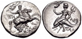 CALABRIA. Tarentum. Circa 240-228 BC. Nomos (Silver, 21 mm, 6.58 g, 3 h), struck under the magistrates Kallikrates, Epikr... and Ane.... Bareheaded, b...