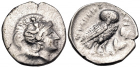 CALABRIA. Tarentum. Circa 240-228 BC. Drachm (Silver, 18 mm, 3.22 g, 3 h), struck under the magistrate Neumenios. Helmeted head of Athena right, helme...