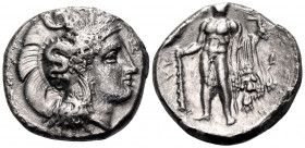 LUCANIA. Herakleia. Circa 330/25-281 BC. Nomos (Silver, 21 mm, 7.58 g, 7 h). Head of Athena to right, wearing a Corinthian helmet adorned with Skylla ...