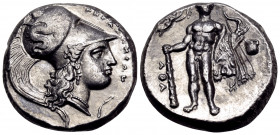 LUCANIA. Herakleia. Circa 330/25-281 BC. Nomos (Silver, 19.5 mm, 7.79 g, 9 h), signed by the engraver Atha.... ˫ΗΡΑΚΛΗΙΩΝ Head of Athena to right, wea...