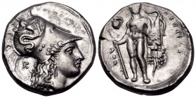 LUCANIA. Herakleia. Circe 330/25-281 BC. Nomos (Silver, 20 mm, 7.78 g, 1 h), signed by the engraver Atha.... ˫ΗΡΑΚΛΗΙΩΝ Head of Athena to right, weari...