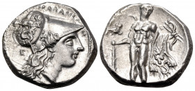 LUCANIA. Herakleia. Circa 281-278 BC. Nomos (Silver, 19 mm, 7.80 g, 4 h), time of Pyrrhos, struck under the magistrate Aris... ˫ΗΡΑΚΛΗΙΩΝ Head of Athe...