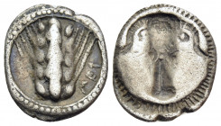 LUCANIA. Metapontum. Circa 470-440 BC. Triobol (Silver, 14 mm, 1.34 g, 6 h). ΜΕΤ Ear of barley. Rev. Bull’s head incuse. HN III 1487. Noe 275. Toned. ...