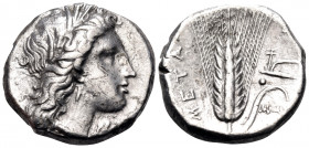 LUCANIA. Metapontum. Circa 330-290 BC. Nomos (Silver, 18 mm, 7.79 g, 2 h), struck under magistrates Dai... and Mach... Head of Demeter to right, weari...