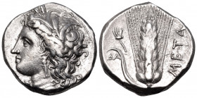 LUCANIA. Metapontum. Circa 330-290 BC. Nomos (Silver, 20 mm, 7.20 g, 12 h), struck under the magistrate Da.... Head of Demeter to left, wearing grain ...