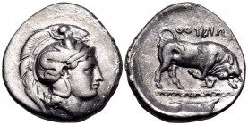 LUCANIA. Thourioi. Circa 443-400 BC. Nomos (Silver, 24 mm, 7.47 g, 11 h). Head of Athena to right, wearing helmet adorned with Skylla hurling a stone....