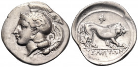 LUCANIA. Velia. Circa 340-334 BC. Nomos (Silver, 25 mm, 7.42 g, 3 h), from the "Θ" group. Head of Athena to left, wearing crested Attic helmet decorat...