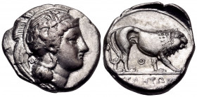 LUCANIA. Velia. Circa 340-334 BC. Nomos (Silver, 21 mm, 7.41 g, 1 h), from the "Θ" group. Head of Athena to right, wearing crested Attic helmet decora...