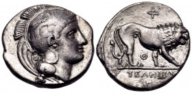 LUCANIA. Velia. Circa 340-334 BC. Nomos (Silver, 21 mm, 7.33 g, 1 h), from the "Θ" group. Head of Athena to left, wearing crested Attic helmet decorat...