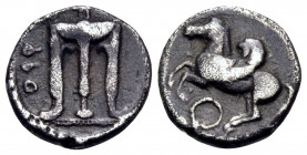 BRUTTIUM. Kroton. Circa 430-400 BC. Triobol (Silver, 11 mm, 1.16 g, 12 h). ϘPO Tripod. Rev. Ϙ Pegasus with curved wings flying to left. HN III 2127. S...