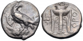 BRUTTIUM. Kroton. Circa 425-350 BC. Nomos (Silver, 21.5 mm, 7.67 g, 9 h). Eagle, with head turned to right, standing left on stag’s head. Rev. ϘPO Tri...