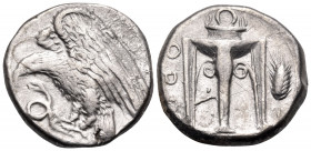 BRUTTIUM. Kroton. Circa 425-350 BC. Nomos (Silver, 19.5 mm, 7.62 g, 3 h). Eagle standing left, about to devour left coiled serpent held in its talons....