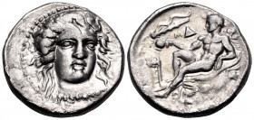 BRUTTIUM. Kroton. Circa 400-325 BC. Nomos (Silver, 22 mm, 7.71 g, 9 h). Head of Hera Lakinia three-quarters facing, turned slightly to the right, wear...