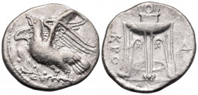 BRUTTIUM. Kroton. Circa 350-300 BC. Nomos (Silver, 23 mm, 7.74 g, 2 h). Eagle standing to left on olive branch; below, AI. Rev. KPO / Δ Tripod, legs t...