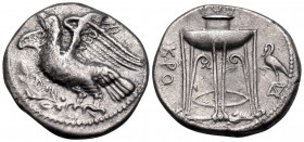 BRUTTIUM. Kroton. Circa 350-300 BC. Nomos (Silver, 22 mm, 7.76 g, 10 h). Eagle standing to left on olive branch; below, AI. Rev. KPO Tripod, leg's ter...