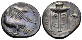 BRUTTIUM. Kroton. Circa 350-300 BC. Nomos (Silver, 22 mm, 7.79 g, 1 h). Eagle standing left on olive branch. Rev. KPO Tripod; to right, heron standing...