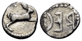 BRUTTIUM. Rhegion. Anaxilas, tyrant, circa 494/3-462/1 BC. Litra (Silver, 9.5 mm, 0.64 g, 10 h), c. 480-462/1. Hare springing to right. Rev. REC withi...