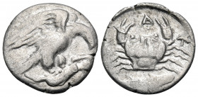 SICILY. Akragas. Circa 420-410 BC. Hemidrachm (Silver, 15 mm, 1.49 g, 8 h). AK Eagle standing right, clutching dead hare in its talons. Rev. Crab; fis...