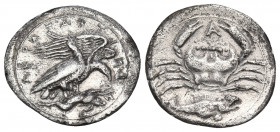 SICILY. Akragas. Circa 410-406 BC. Litra (Silver, 13.5 mm, 0.69 g, 9 h). ΑΚΡΑΓΑΝΤ-Ι-ΝΟΝ Two eagles standing right on dead hare, the nearer with closed...