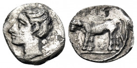 SICILY. Eryx. Circa 400-340 BC. Litra (Silver, 10 mm, 0.52 g, 4 h). Head of nymph left, wearing pendant earring and necklace. Rev. 'RK (Punic) Cow sta...