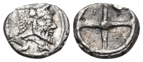 SICILY. Gela. Circa 480/75-475/70 BC. Obol (Silver, 8 mm, 0.68 g). CEΛAΣ Forepart of man-headed bull to right. Rev. Wheel of four spokes. Jenkins 191....