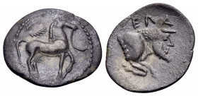 SICILY. Gela. Circa 465-450 BC. Litra (Silver, 12.5 mm, 0.49 g, 7 h). Horse walking right; above, wreath. Rev. ΓΕΛΑΣ Forepart of Acheloos as a man-hea...