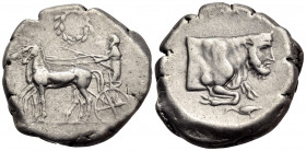 SICILY. Gela. Circa 425-420 BC. Tetradrachm (Silver, 26 mm, 17.12 g, 2 h). Nike driving quadriga walking to left; above, laurel wreath. Rev. ϹΕΛΑΣ For...