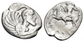 SICILY. Himera. Circa 425-409 BC. Litra (Silver, 12 mm, 0.78 g, 7 h). Forepart of a human-headed creature to right, with beard, horn, wing and a lion’...