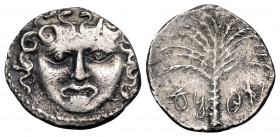 SICILY. Motya. Circa 405-397 BC. Litra (Silver, 12 mm, 0.68 g, 9 h). Gorgoneion with tongue protruding. Rev. 'MTV' ( Punic ) Palm tree. Jenkins, Punic...