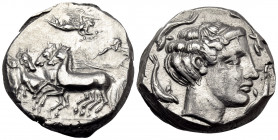 SICILY. Panormos (as Ziz). Circa 400-390 BC. Tetradrachm (Silver, 25 mm, 16.52 g, 2 h). ṢYṢ (in Punic) Quadriga galopping to left; above, Nike flying ...