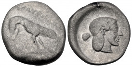 SICILY. Segesta. Circa 475/0-455/0 BC. Didrachm (Silver, 20 mm, 7.72 g, 7 h). ΣATΕΣZΑ ΖΙΒ Hound, the rivergod Krimisos, standing to right. Rev. Head o...