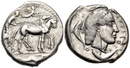 SICILY. Syracuse. Second Democracy, 466-405 BC. Tetradrachm (Silver, 26 mm, 17.11 g, 7 h), c. 460-450. Charioteer driving quadriga walking to right, h...