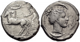 SICILY. Syracuse. Second Democracy, Circa 466-405 BC. Tetradrachm (Silver, 26 mm, 17.08 g, 6 h), c. 440. Male charioteer, wearing a long chiton and ho...