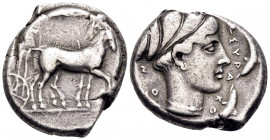 SICILY. Syracuse. Second Democracy, 466-405 BC. Tetradrachm (Silver, 25 mm, 17.01 g, 1 h), c. 430-420 BC. Charioteer driving a quadriga walking to rig...
